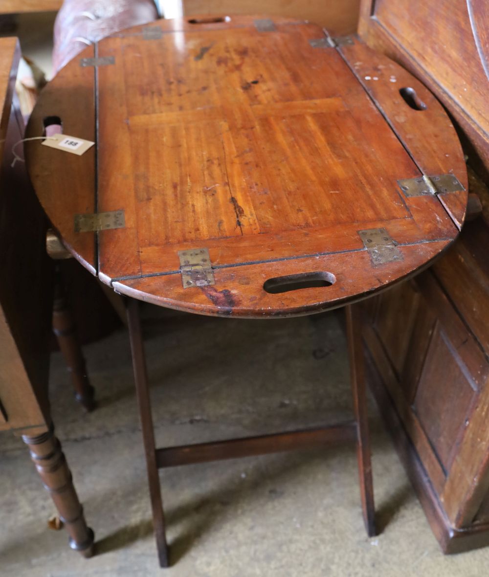 A George III mahogany folding butlers tray, with folding stand, width 86cm, depth 65cm, height 84cm